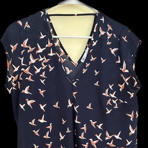 Beautiful Navy shirt dotted with coral birds - unique and lovely!
